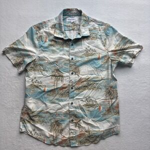 Thomas Sterling Button Down Shirt Mens Large Blue Tropical Sailboat Short Sleeve